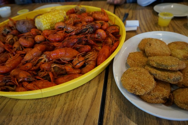 crawfish and fried green tomotoes